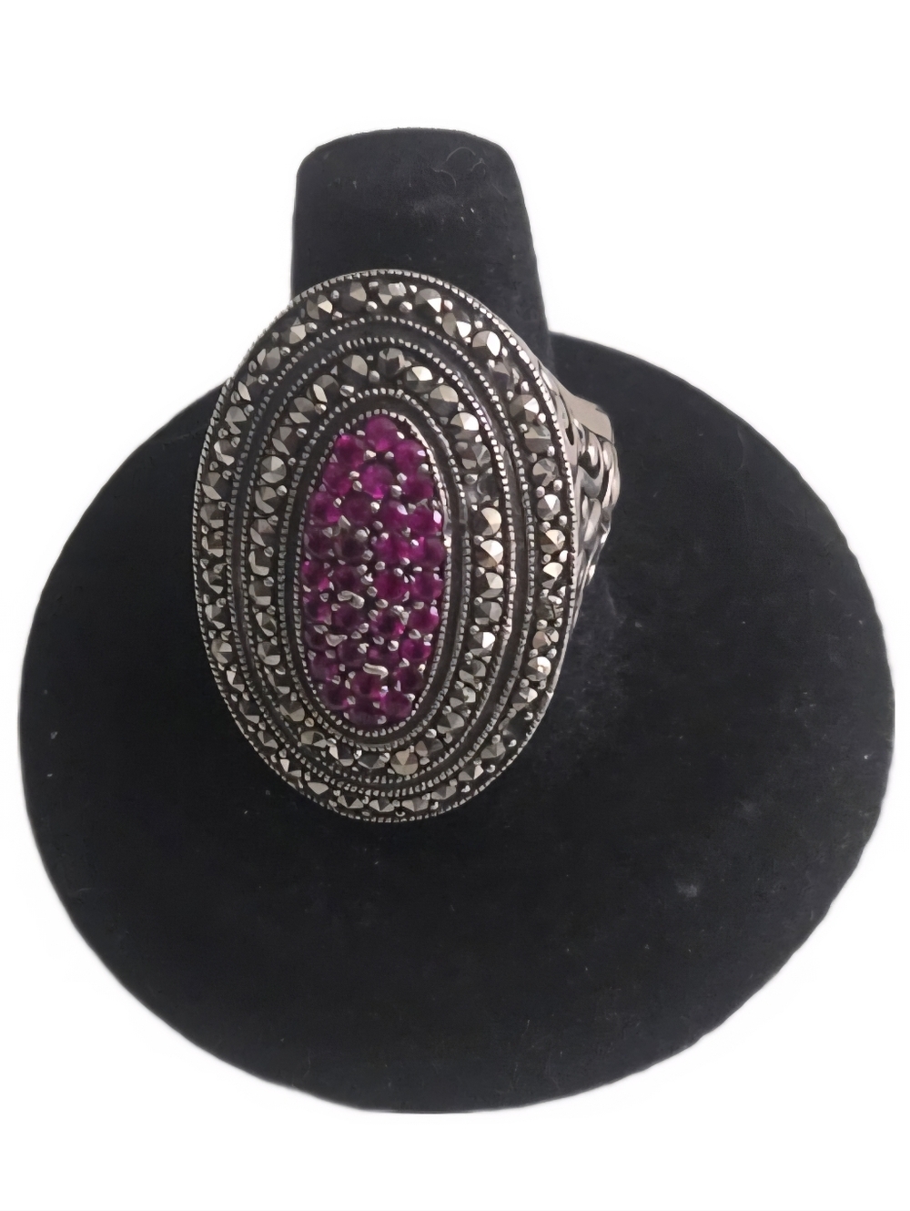 Dallas Prince Ruby & Marcasite Sterling Silver Scroll Ring Sz 7